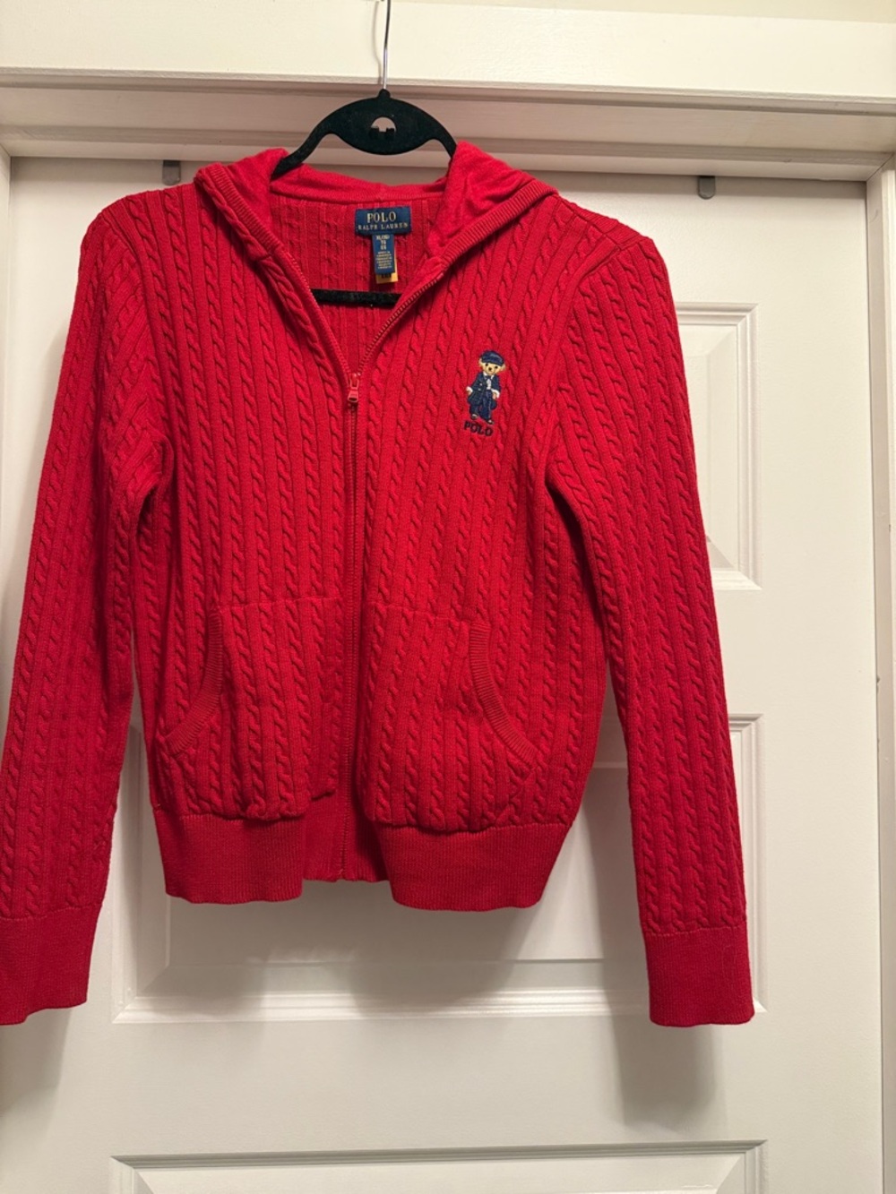 Polo by Ralph Lauren woman’s Bright Red Cable-Knit Zip Hoodie with Polo Bear
